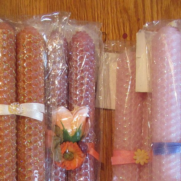 Random Pick, 1 Pair, 8" Bees Wax Candles, Decorated, Pink, Orange, Red, Coral - Picture 3 of 5